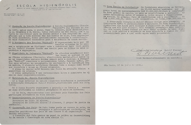 Documento com princípios da pedagogia Waldorf e prestação de contas da compra da nova sede.