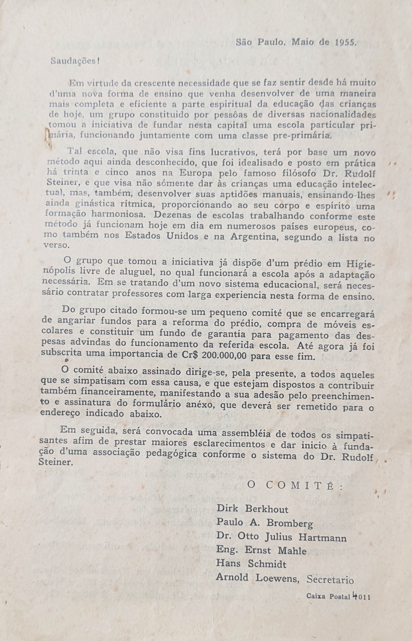 Carta-convite para doação para a nova escola.