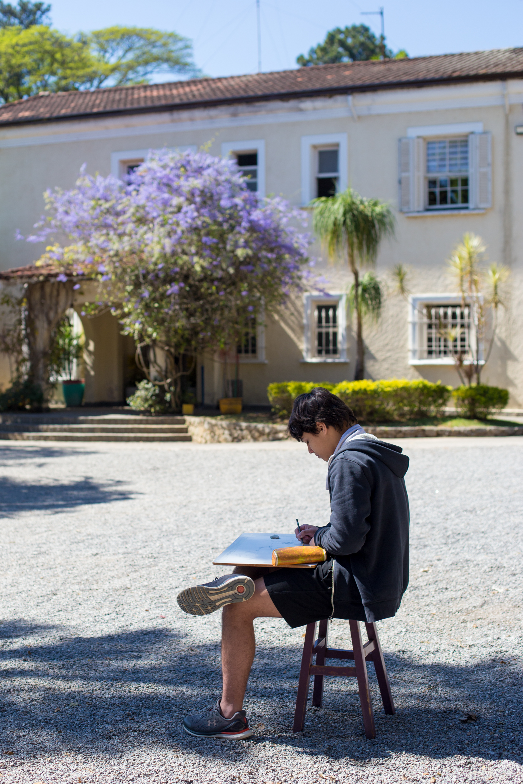 Aluno estudando ao ar livre no pátio da Escola Waldorf Rudolf Steiner com edifício e árvore florida ao fundo.