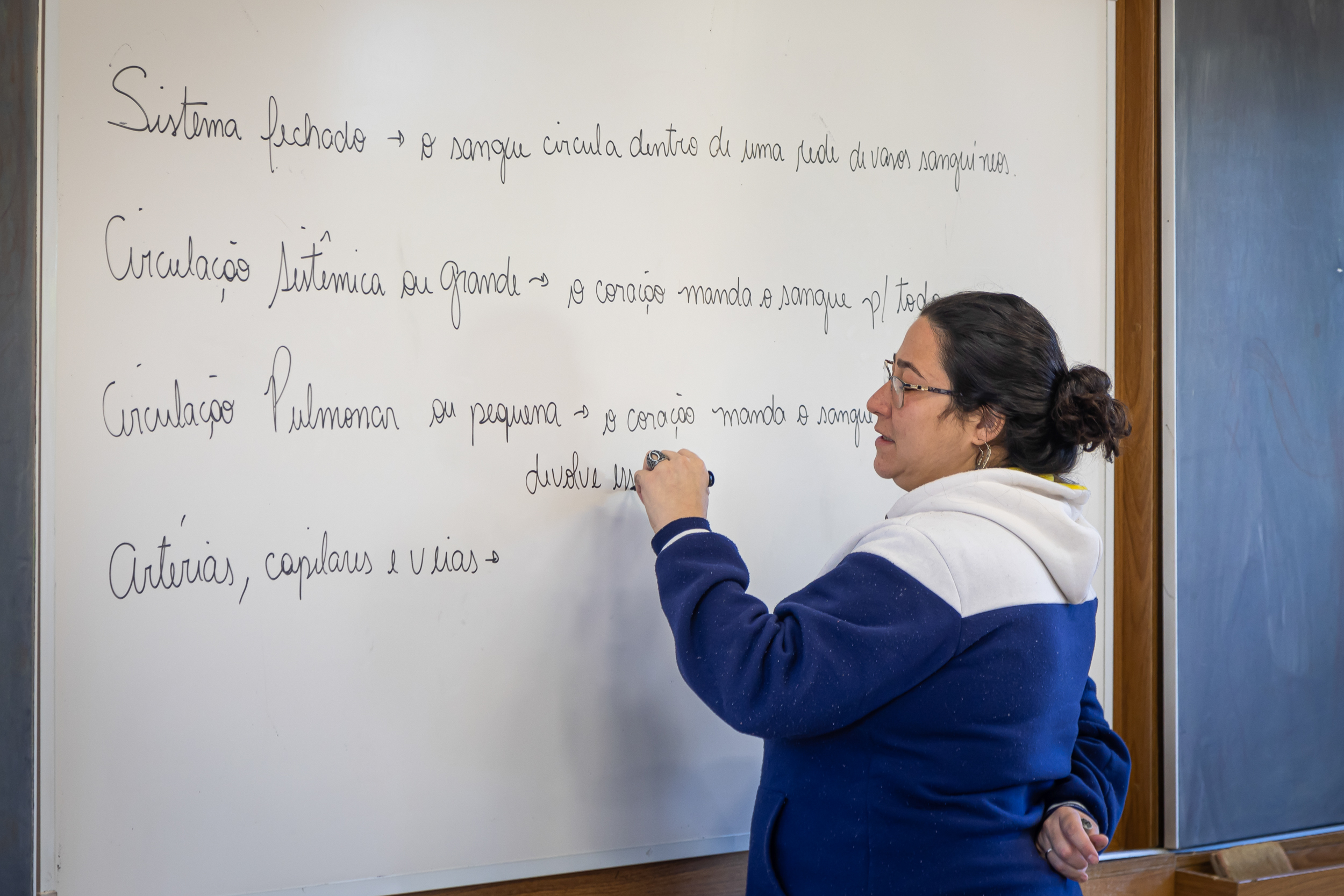 Professora explicando o sistema circulatório no quadro branco em aula de biologia na Escola Waldorf Rudolf Steiner.